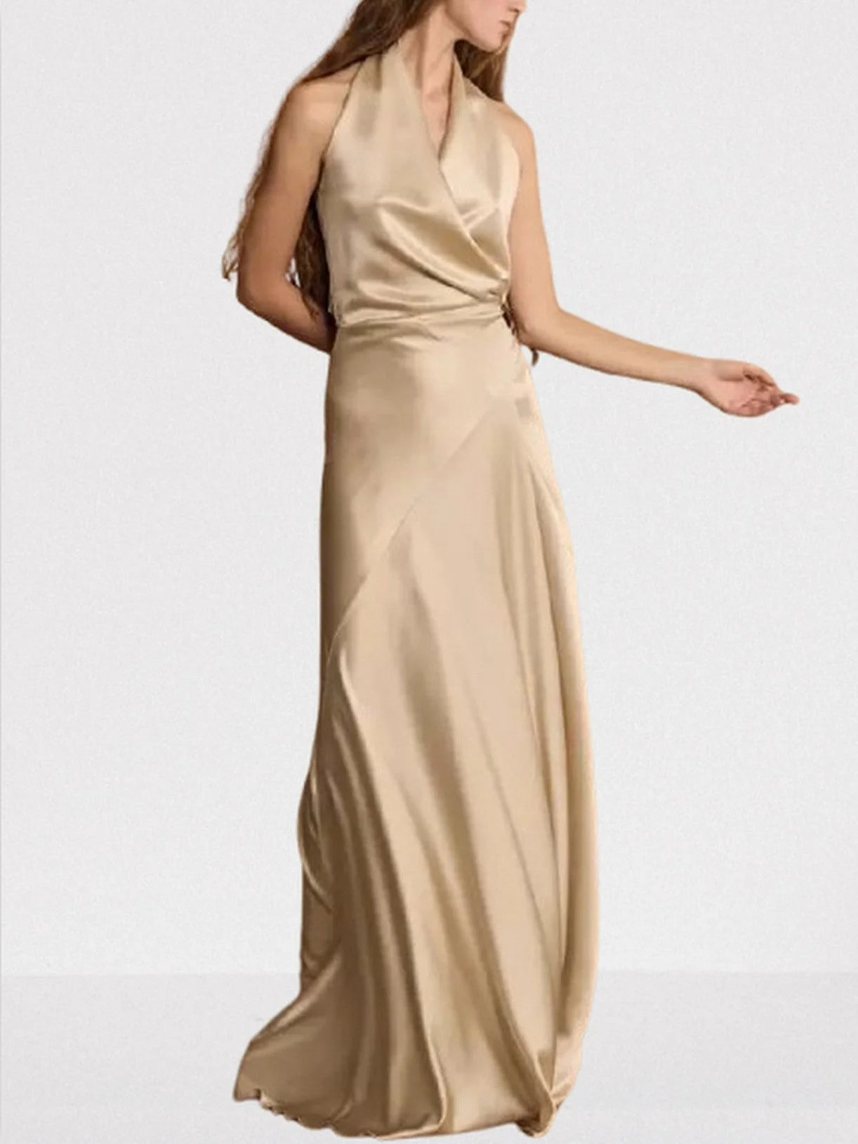 Halterneck Long Satin Champagne Gown - Dresses