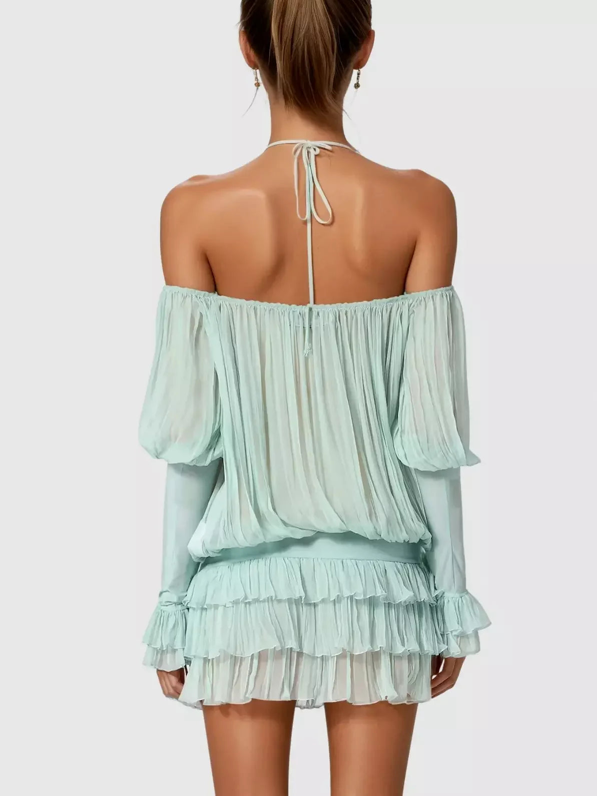 Halterneck Pleated Off Shoulder Mini Dress Dresses