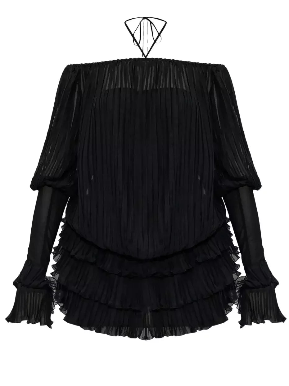 Halterneck Pleated Off Shoulder Mini Dress Dresses