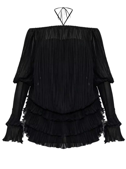 Halterneck Pleated Off Shoulder Mini Dress Dresses
