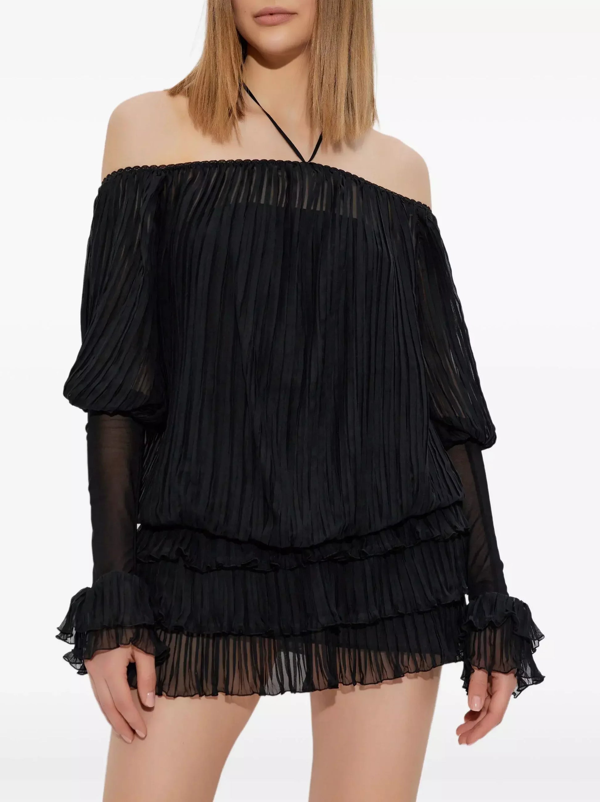 Halterneck Pleated Off Shoulder Mini Dress Dresses