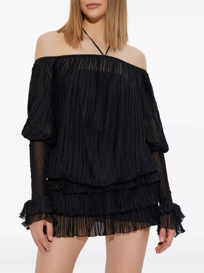Halterneck Pleated Off Shoulder Mini Dress Dresses