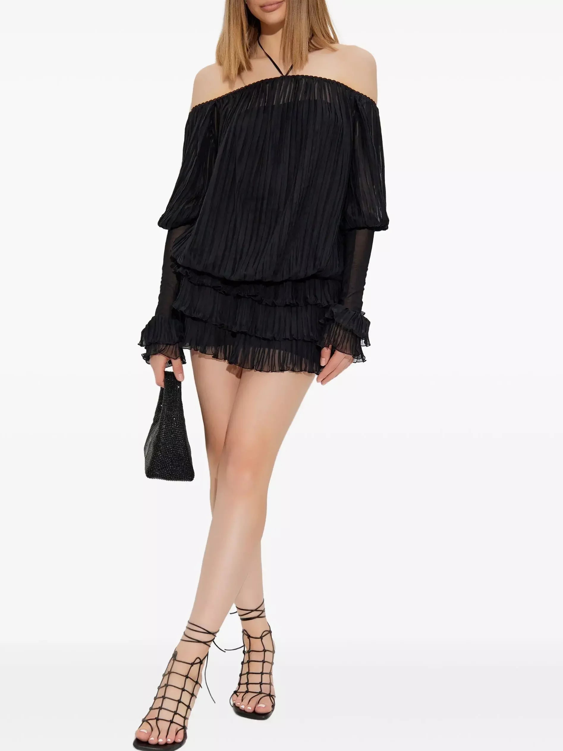 Halterneck Pleated Off Shoulder Mini Dress Small / Black Dresses