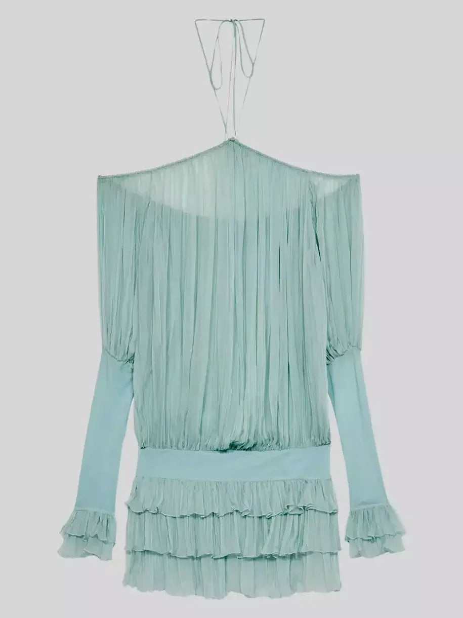 Halterneck Pleated Off Shoulder Mini Dress Dresses