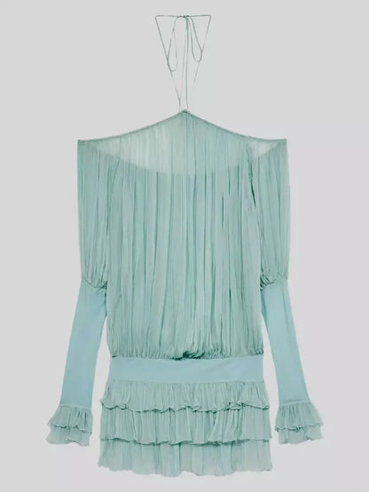 Halterneck Pleated Off Shoulder Mini Dress Dresses