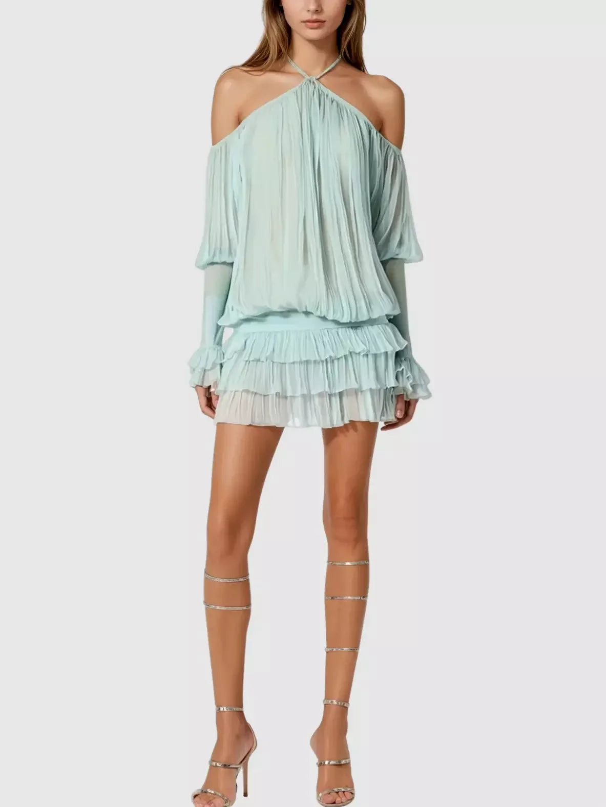 Halterneck Pleated Off Shoulder Mini Dress Dresses