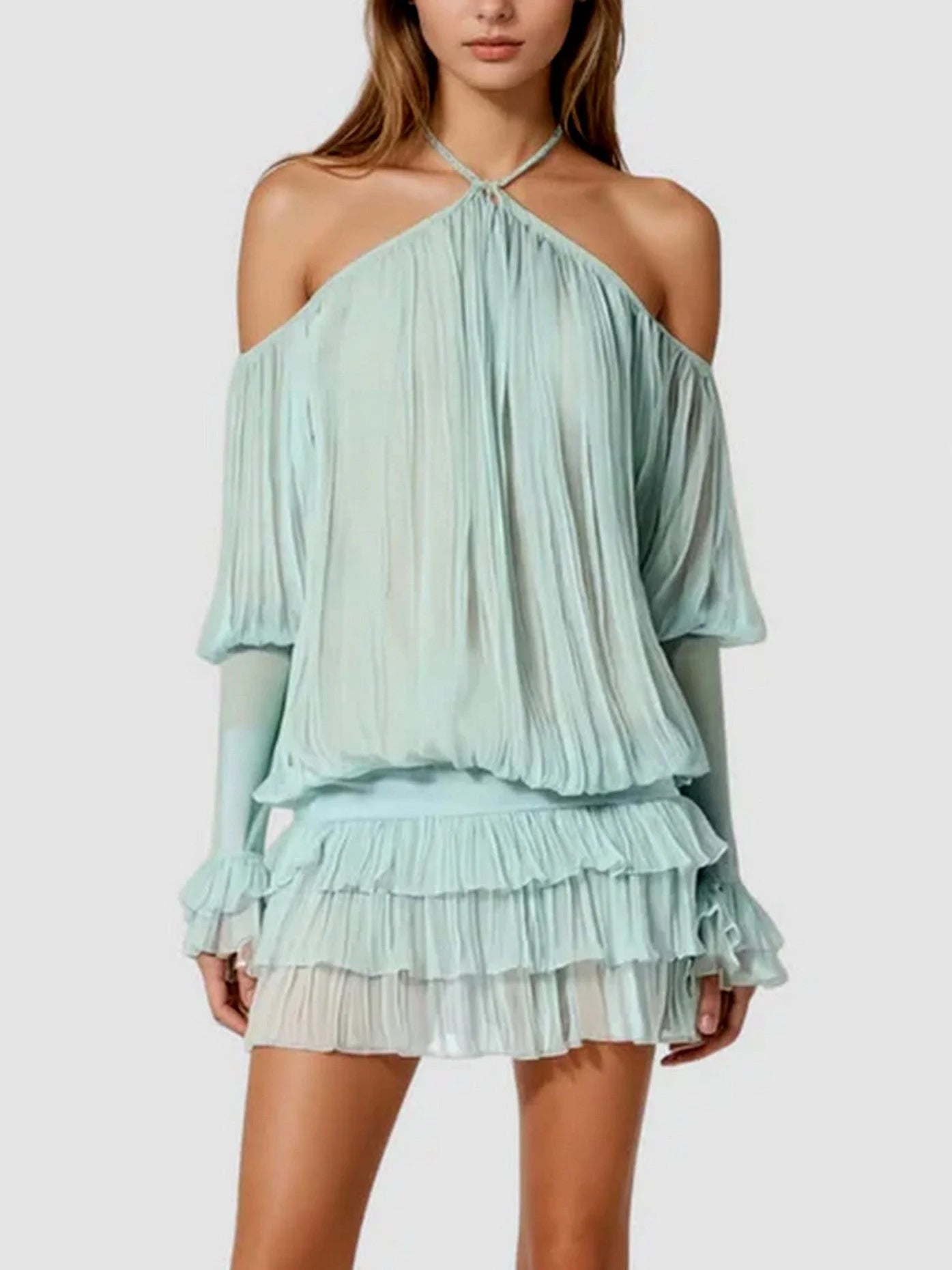 Halterneck Pleated Off Shoulder Mini Dress Dresses