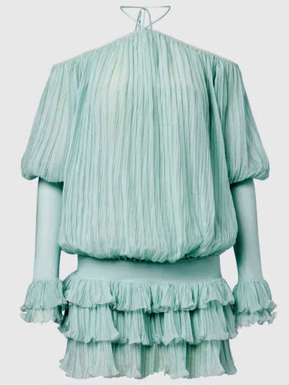 Halterneck Pleated Off Shoulder Mini Dress Dresses