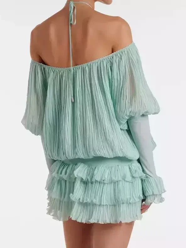 Halterneck Pleated Off Shoulder Mini Dress Dresses