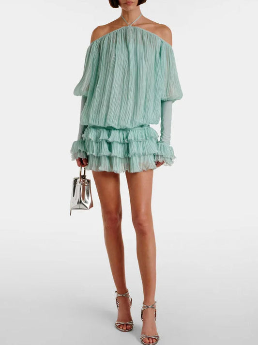 Halterneck Pleated Off Shoulder Mini Dress Small / Turquoise Dresses