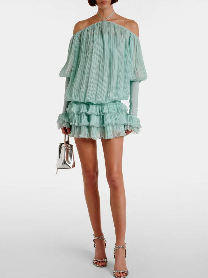 Halterneck Pleated Off Shoulder Mini Dress Dresses
