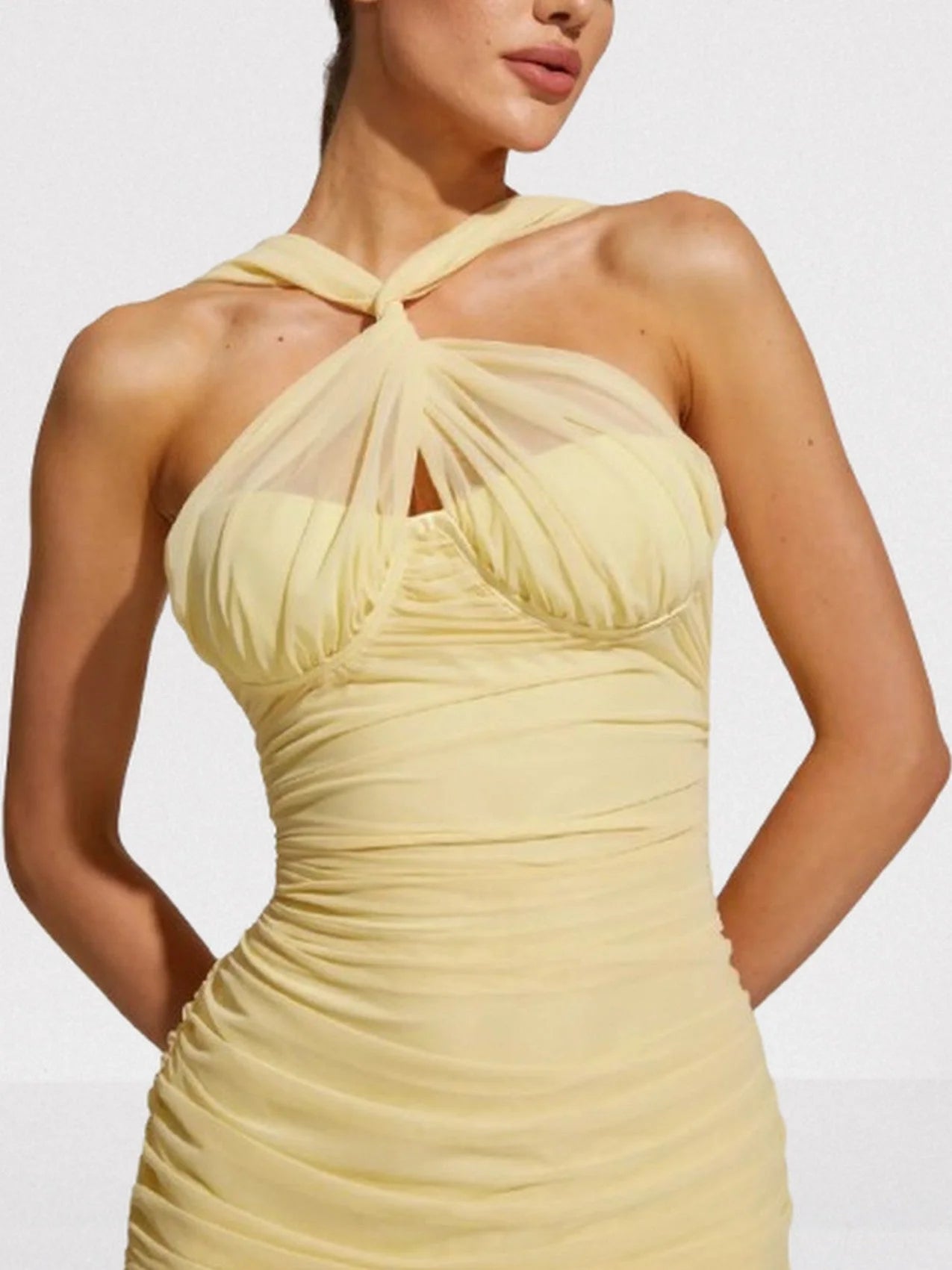 Halterneck Sleeveless Ruched Yellow Gown - Dresses