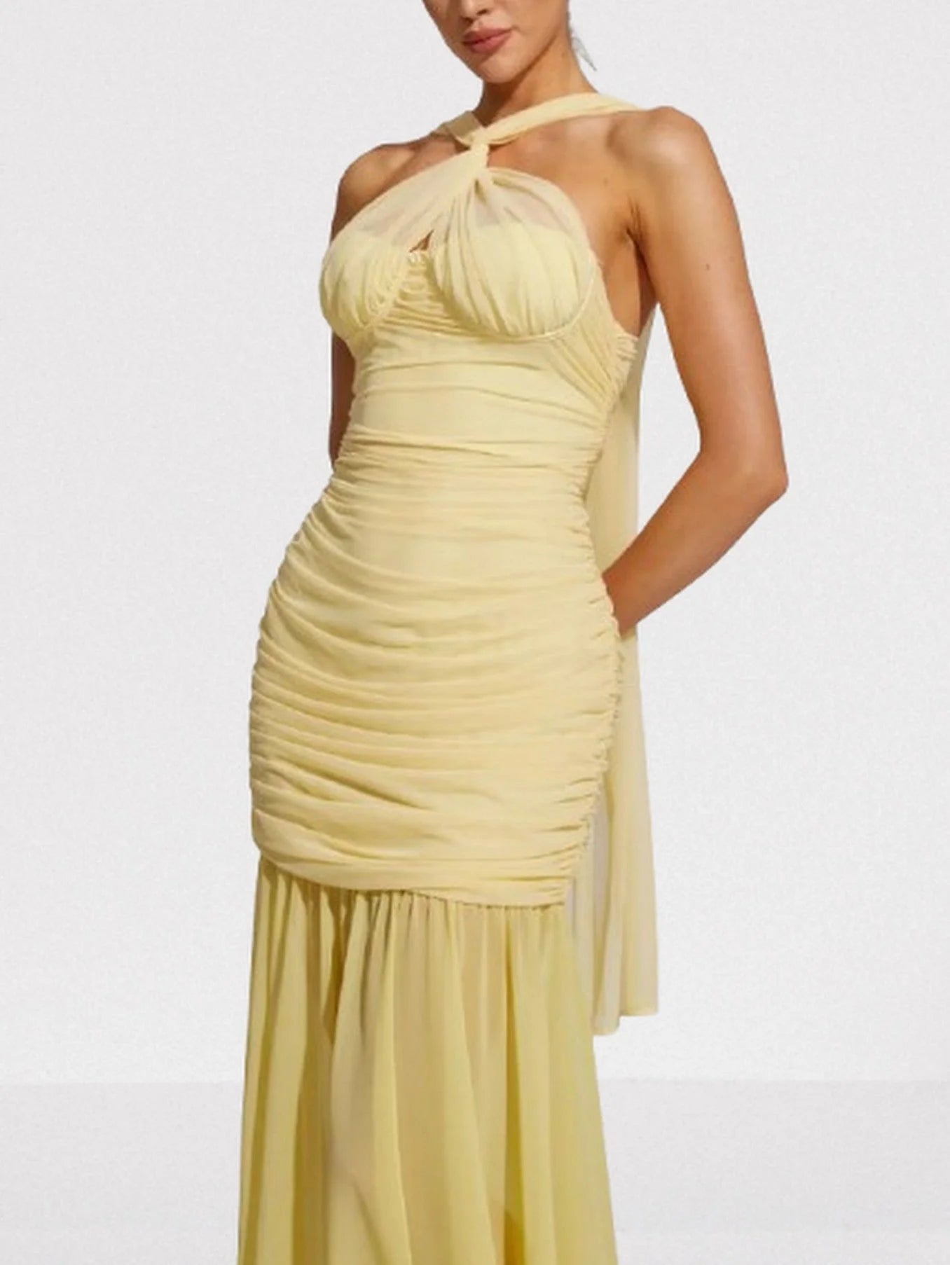 Halterneck Sleeveless Ruched Yellow Gown - Dresses