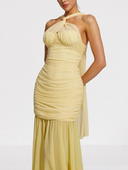 Halterneck Sleeveless Ruched Yellow Gown - Dresses