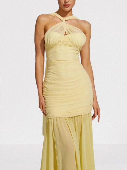 Halterneck Sleeveless Ruched Yellow Gown - Dresses