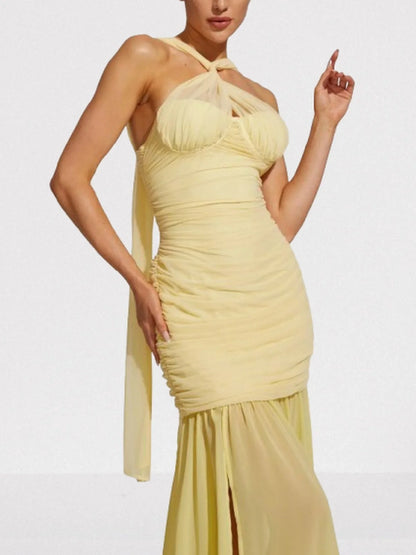 Halterneck Sleeveless Ruched Yellow Gown - Dresses