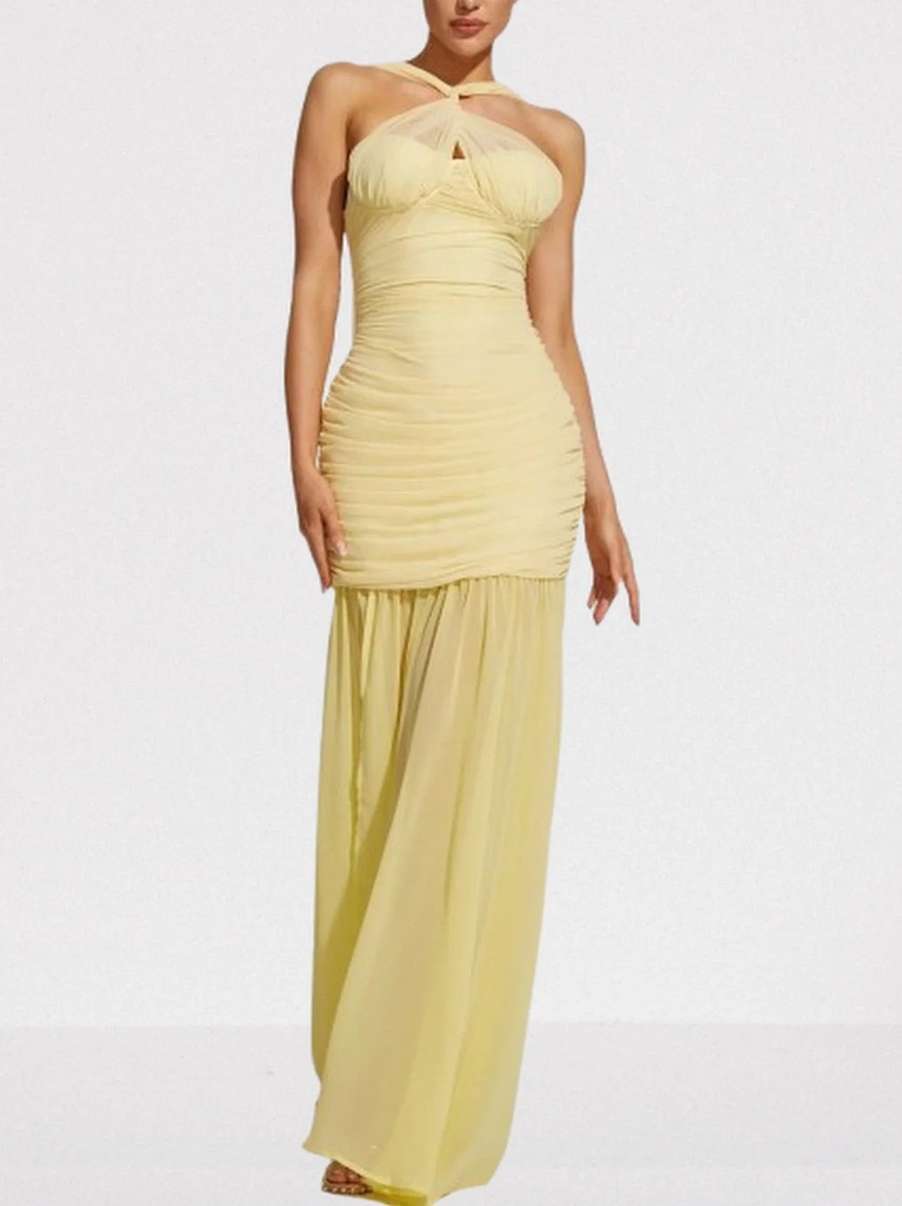 Halterneck Sleeveless Ruched Yellow Gown - Dresses