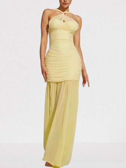 Halterneck Sleeveless Ruched Yellow Gown - Dresses