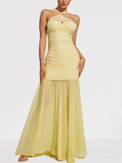 Halterneck Sleeveless Ruched Yellow Gown - Dresses