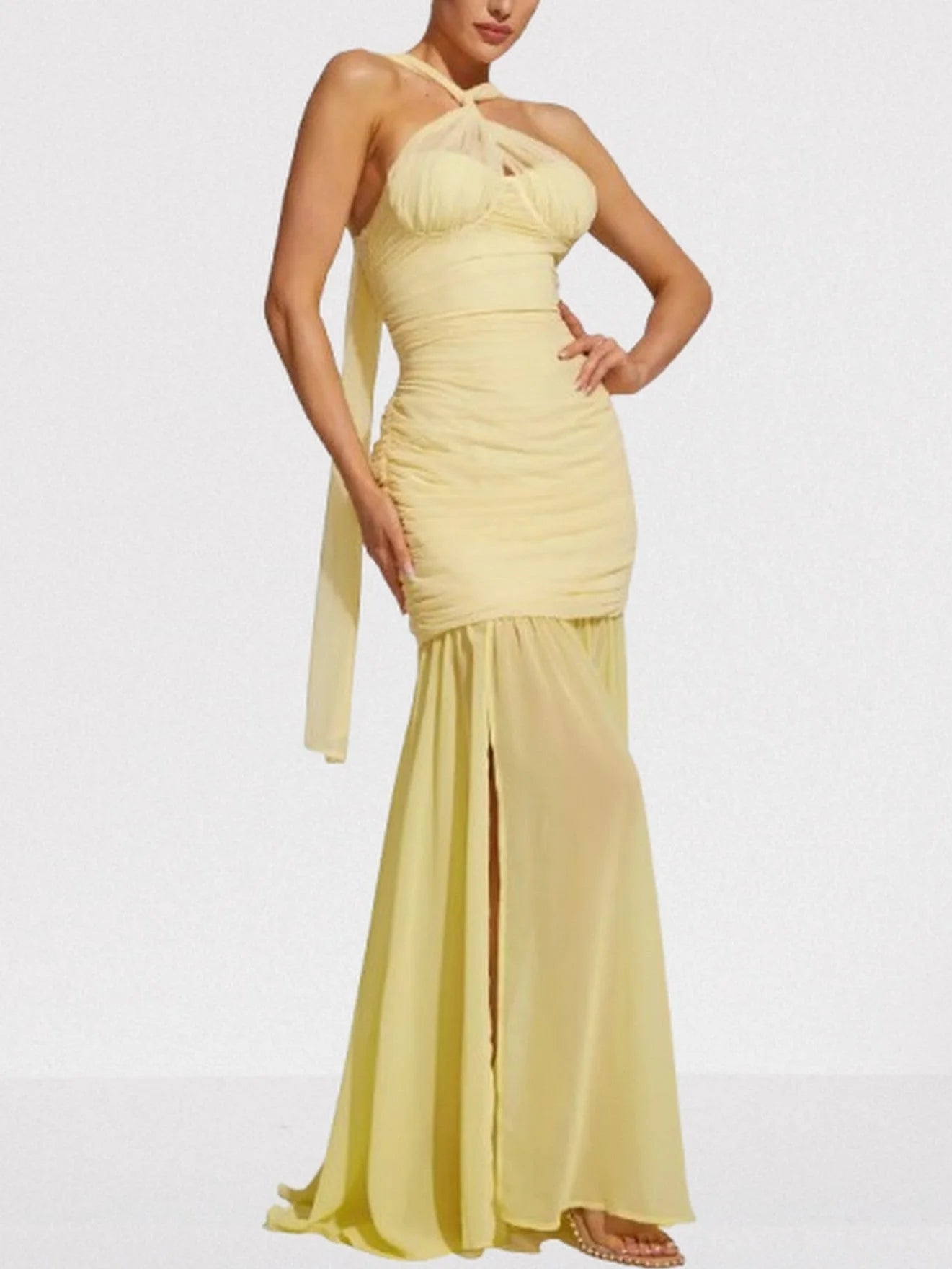 Halterneck Sleeveless Ruched Yellow Gown - Dresses