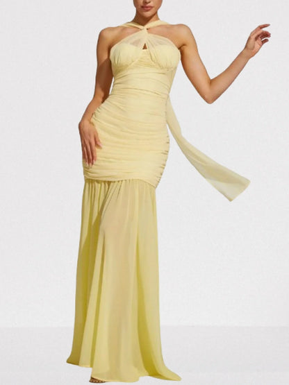 Halterneck Sleeveless Ruched Yellow Gown - Dresses