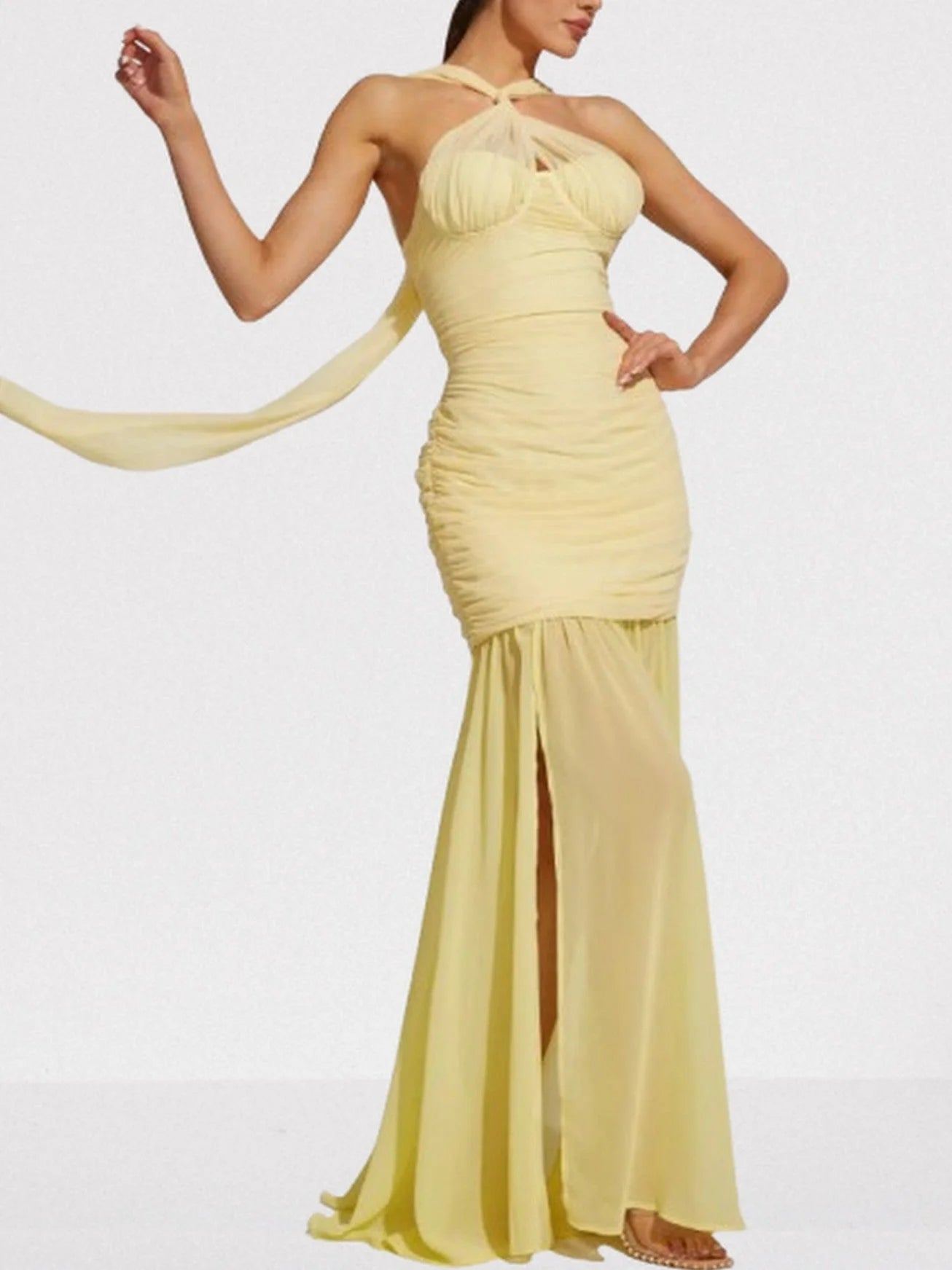 Halterneck Sleeveless Ruched Yellow Gown - Dresses