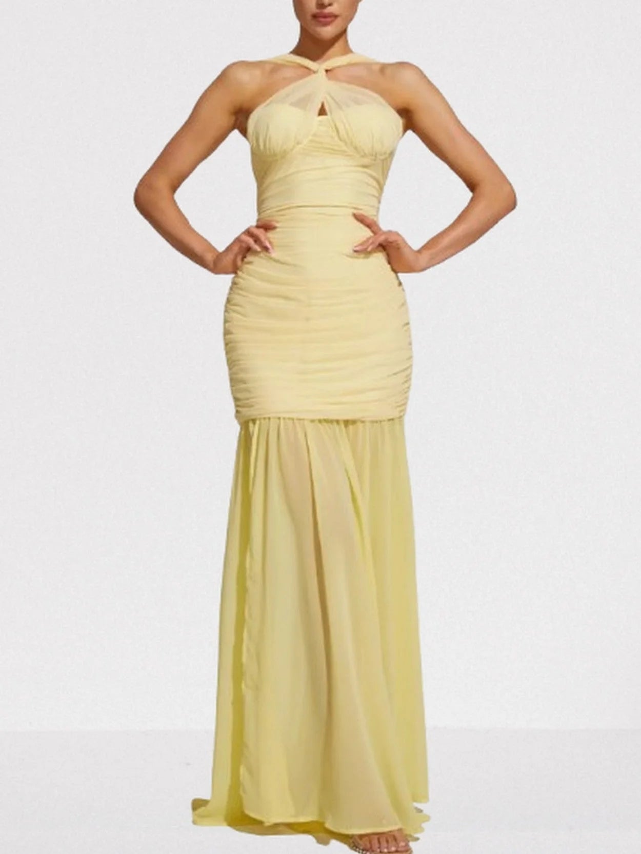 Halterneck Sleeveless Ruched Yellow Gown - Dresses
