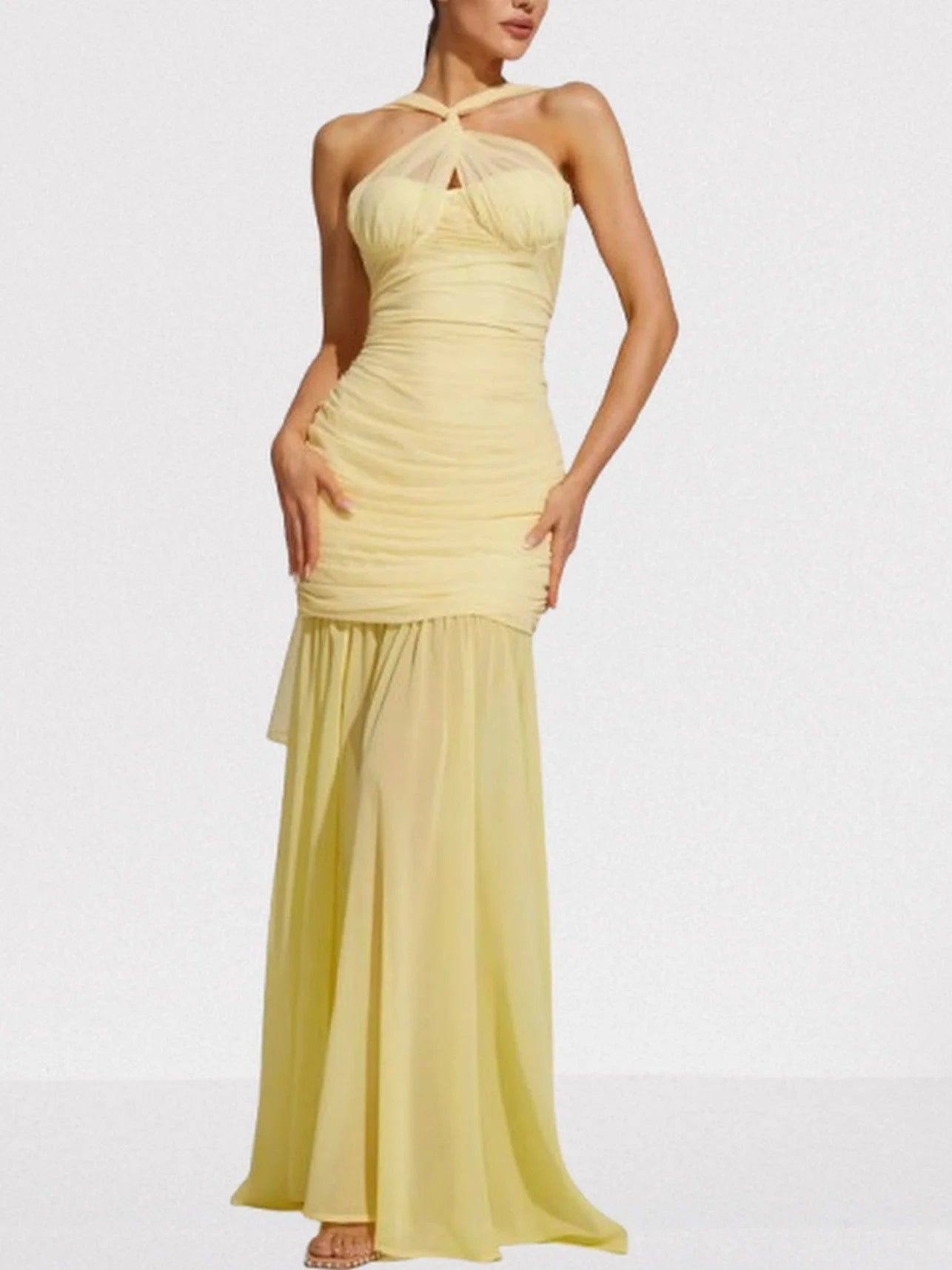 Halterneck Sleeveless Ruched Yellow Gown - Dresses
