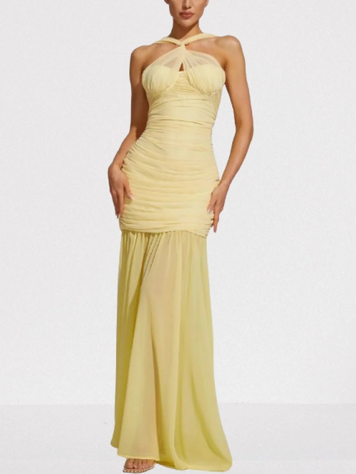 Halterneck Sleeveless Ruched Yellow Gown - XS - Dresses
