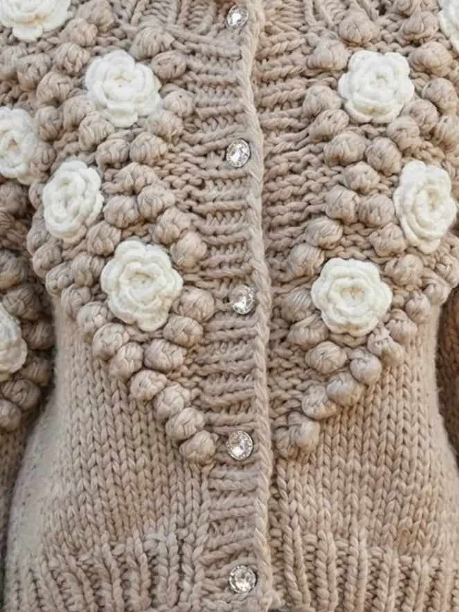 Hand-Knit Floral Appliqué Cardigan with Crystal Buttons - Sweaters & Knitwear