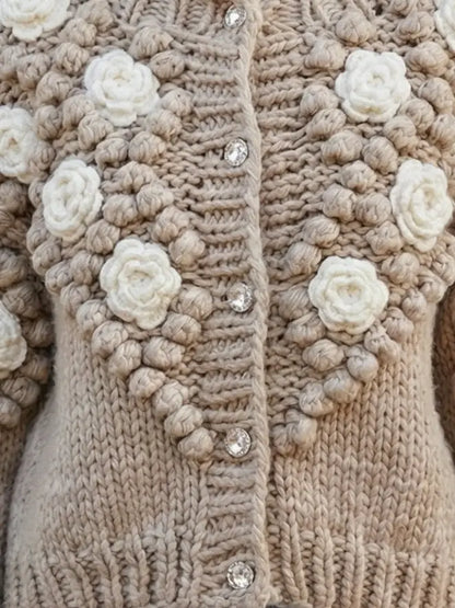 Hand-Knit Floral Appliqué Cardigan with Crystal Buttons - Sweaters & Knitwear