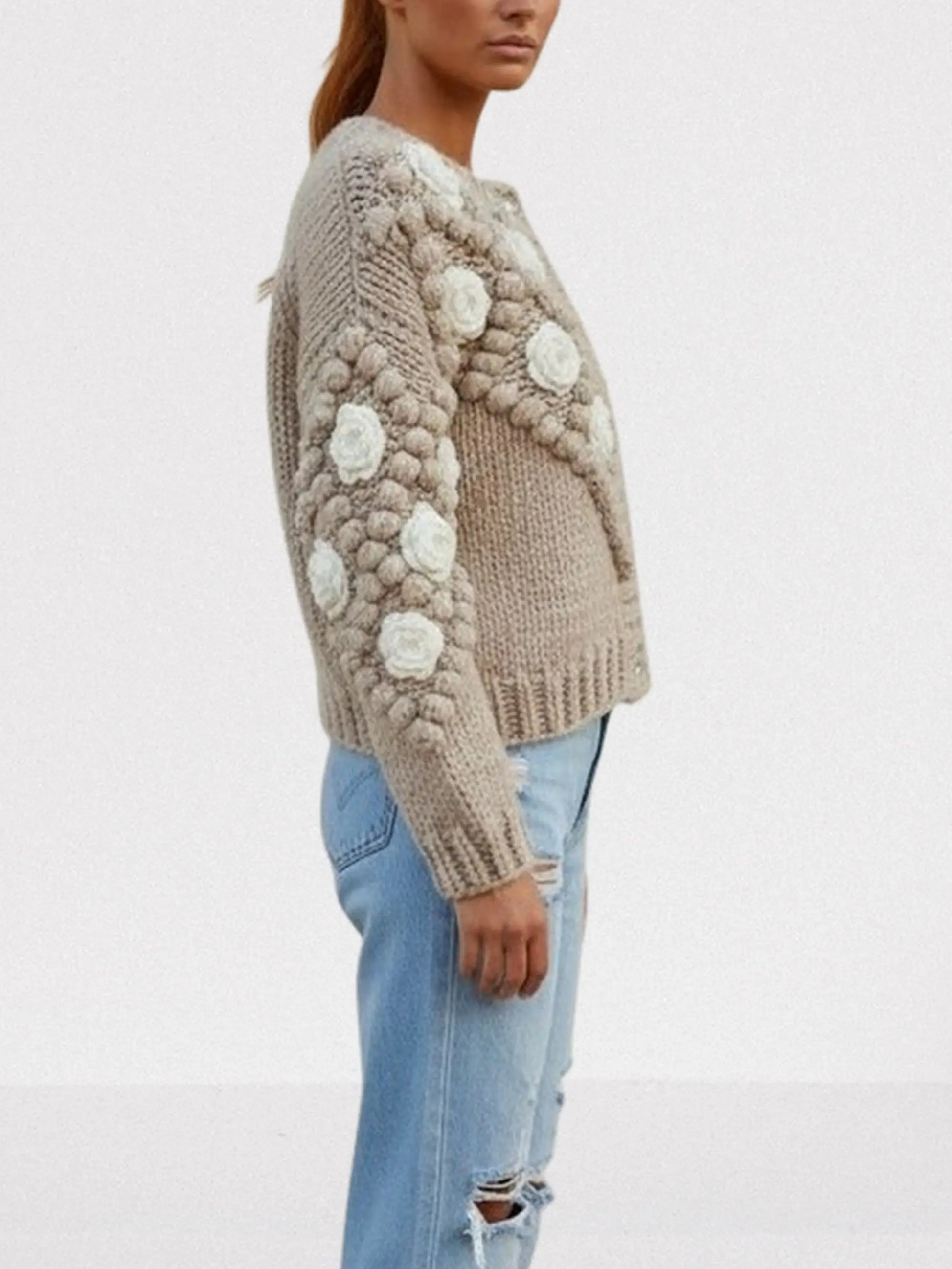 Hand-Knit Floral Appliqué Cardigan with Crystal Buttons - Sweaters & Knitwear