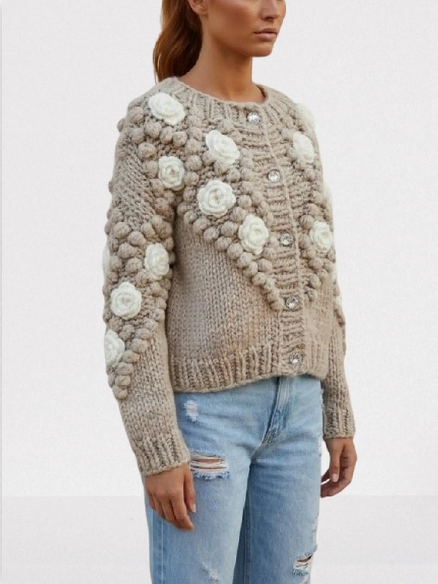 Hand-Knit Floral Appliqué Cardigan with Crystal Buttons - Sweaters & Knitwear