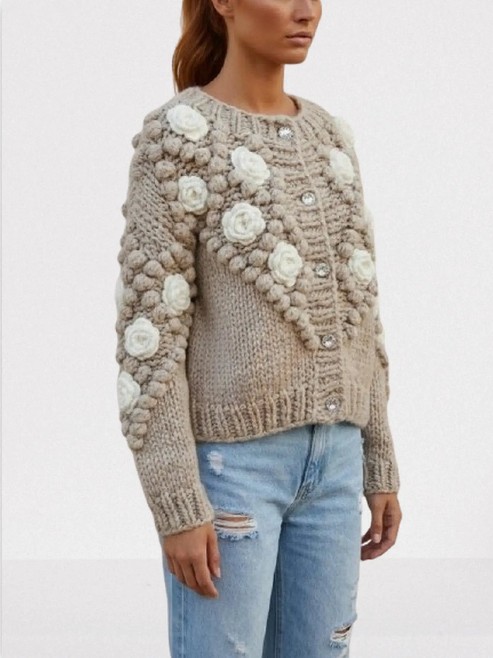 Hand-Knit Floral Appliqué Cardigan with Crystal Buttons - Sweaters & Knitwear