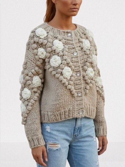 Hand-Knit Floral Appliqué Cardigan with Crystal Buttons - Sweaters & Knitwear