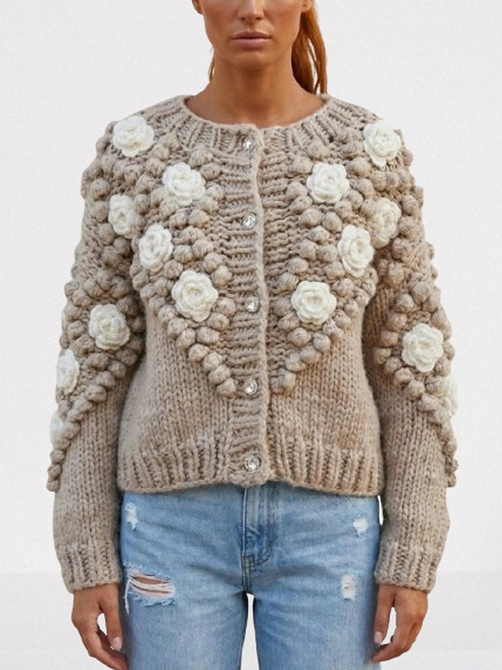 Hand-Knit Floral Appliqué Cardigan with Crystal Buttons - Small - Sweaters & Knitwear