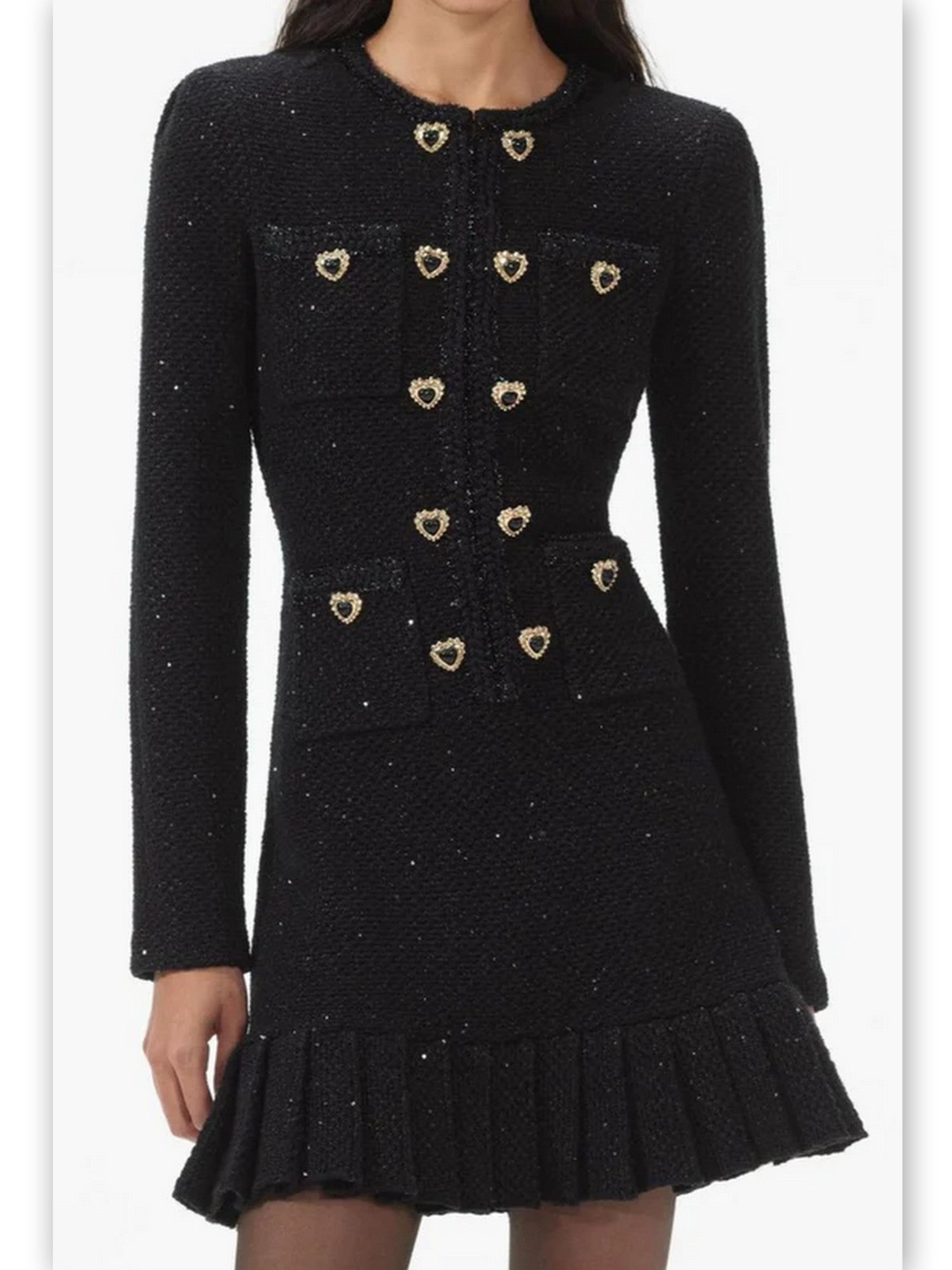 Women’s Heart-Decorative-Button-Embellished Black Tweed Mini Dress Branna Couture