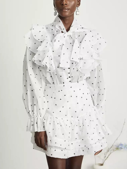 Heart-Print Ruffle Blouse and Matching Skirt Set in White - Branna Couture