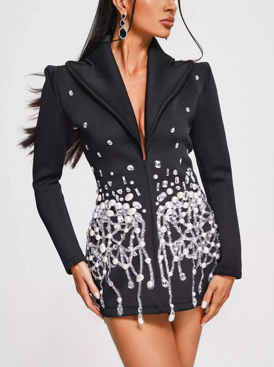 Heavily-Embellished Front-Zip Low-Cut Black Blazer-Mini-Dress - Branna Couture