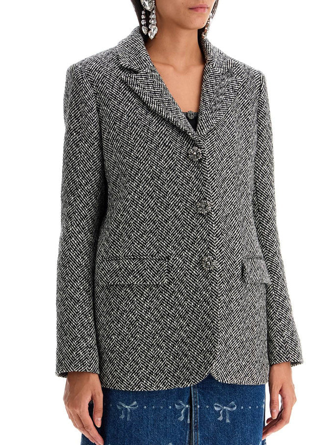 Herringbone Single-Breasted Blazer with Rhinestone Buttons Branna Couture