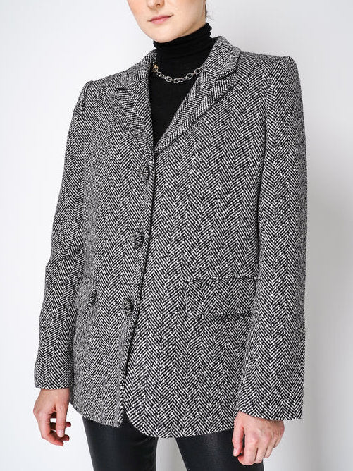 Herringbone Single-Breasted Blazer with Rhinestone Buttons Branna Couture