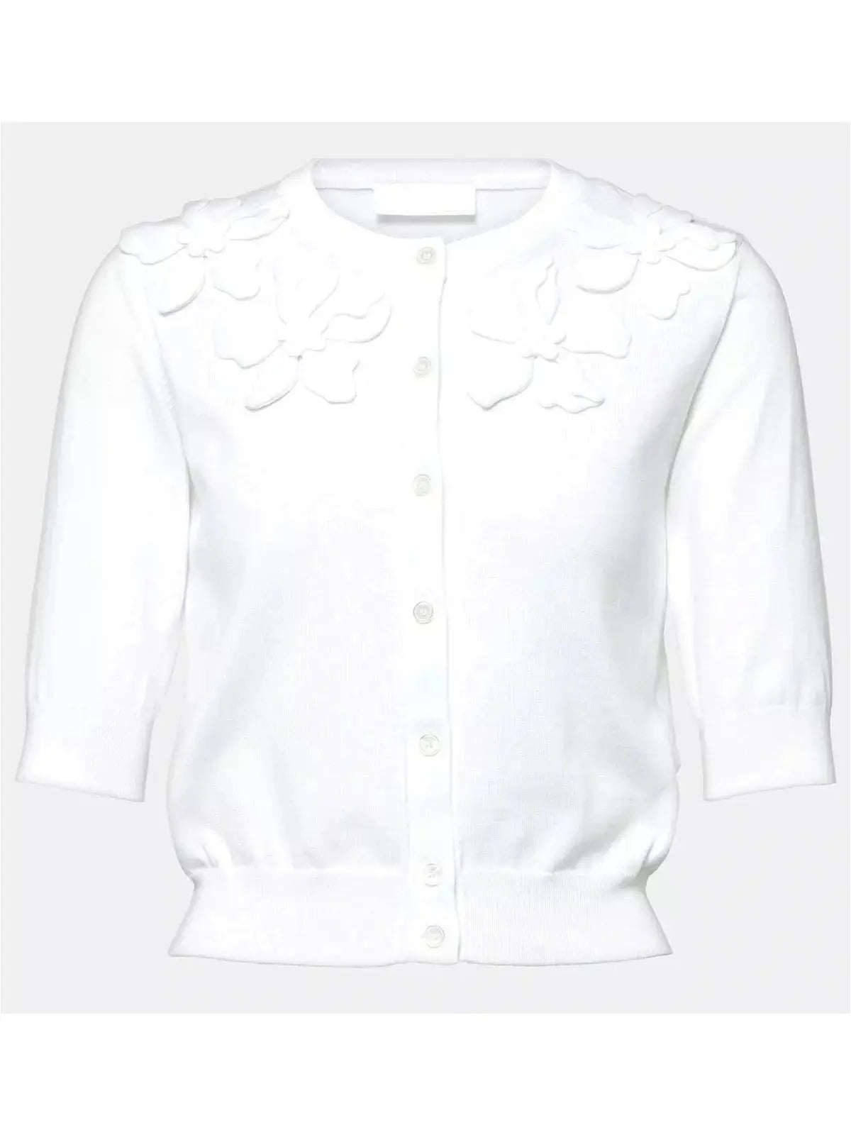 Hibiscus Embroidered White Cotton Short-Sleeve Cardigan - Branna Couture