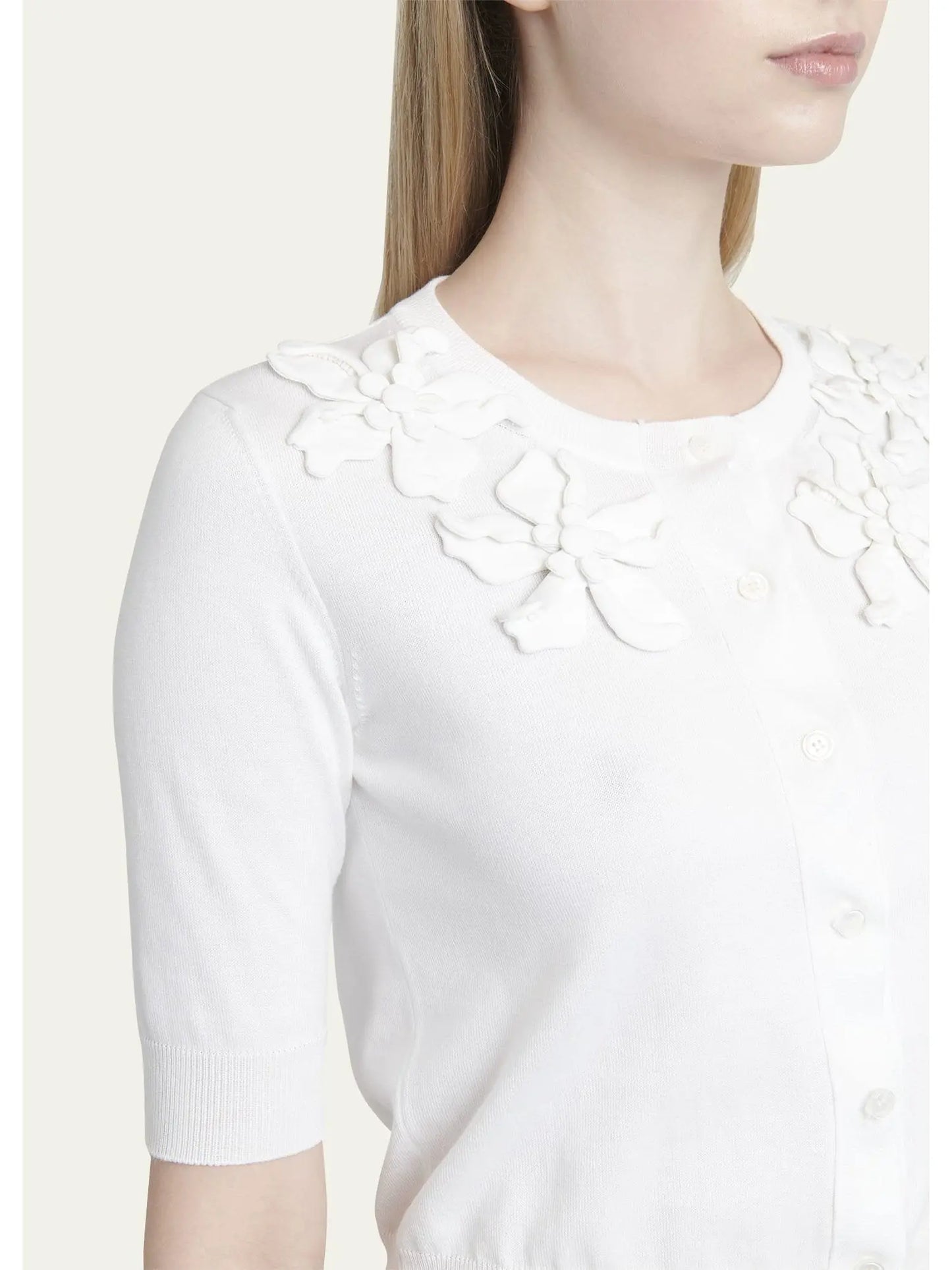 Hibiscus Embroidered White Cotton Short-Sleeve Cardigan - Branna Couture