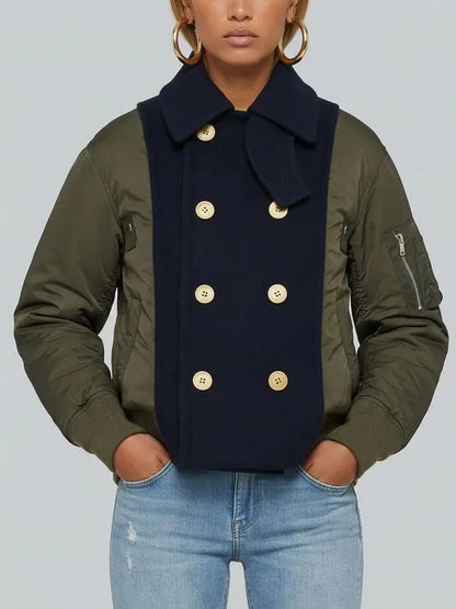 High-Collar Buttoned Down Contrast-Panel Jacket - Jackets