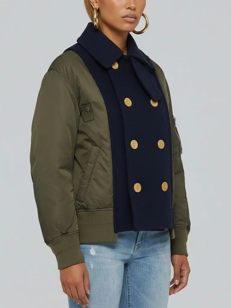 High-Collar Buttoned Down Contrast-Panel Jacket - Jackets