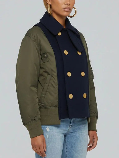 High-Collar Buttoned Down Contrast-Panel Jacket - Jackets