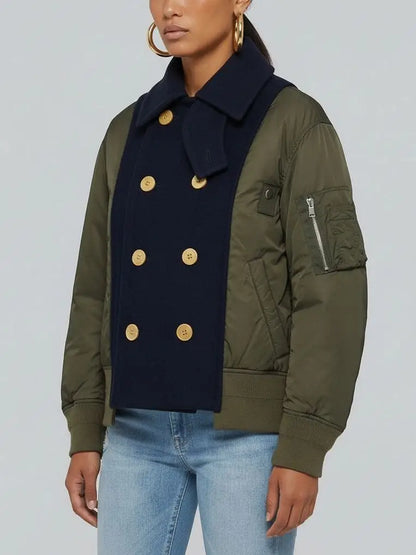 High-Collar Buttoned Down Contrast-Panel Jacket - Jackets