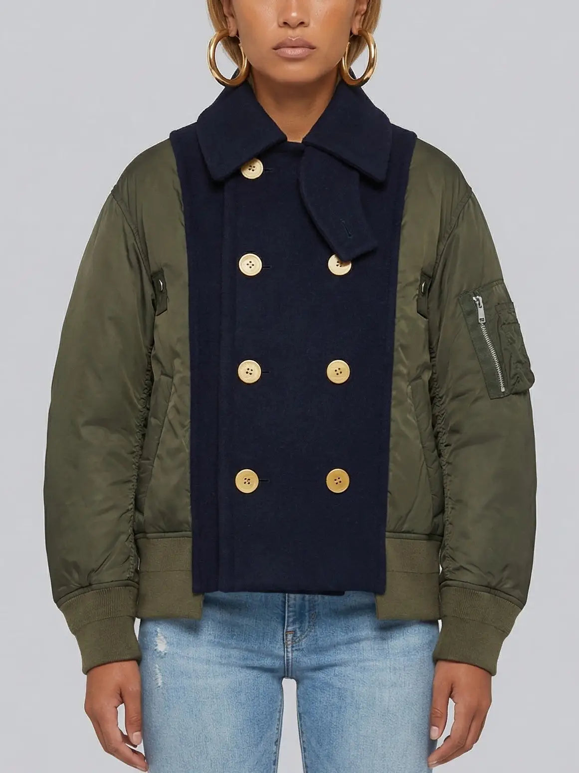 High-Collar Buttoned Down Contrast-Panel Jacket - Jackets
