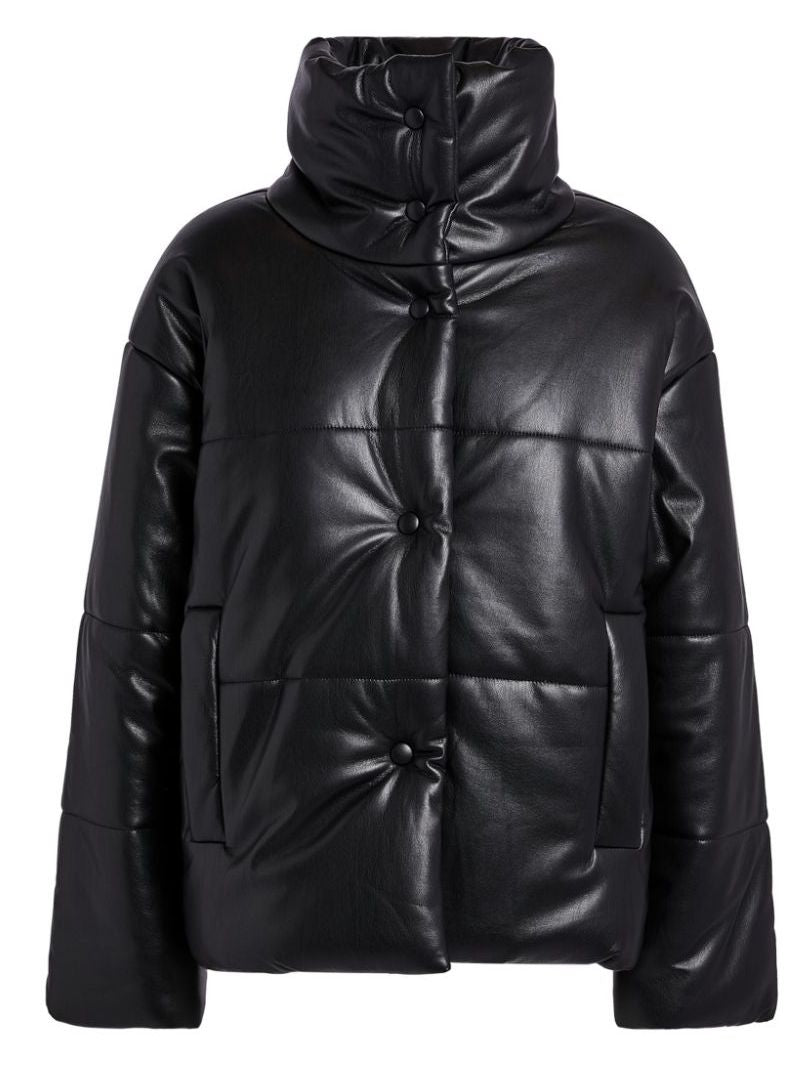 Women’s High-Collar Vegan Leather Padded Jacket in Black Branna Couture