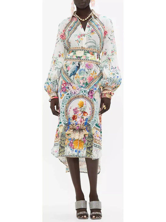 High-Low Multicolor Printed Midi Shirt Dress - Branna Couture